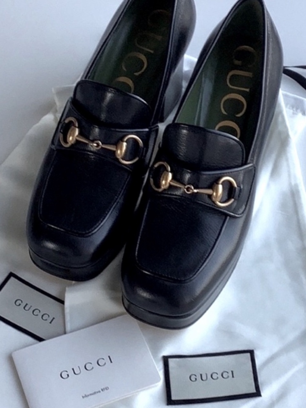 Gucci Houdan Black Leather Horsebit Platform Block Heel Loafers 39 1/2 $849 - Picture 3 of 12